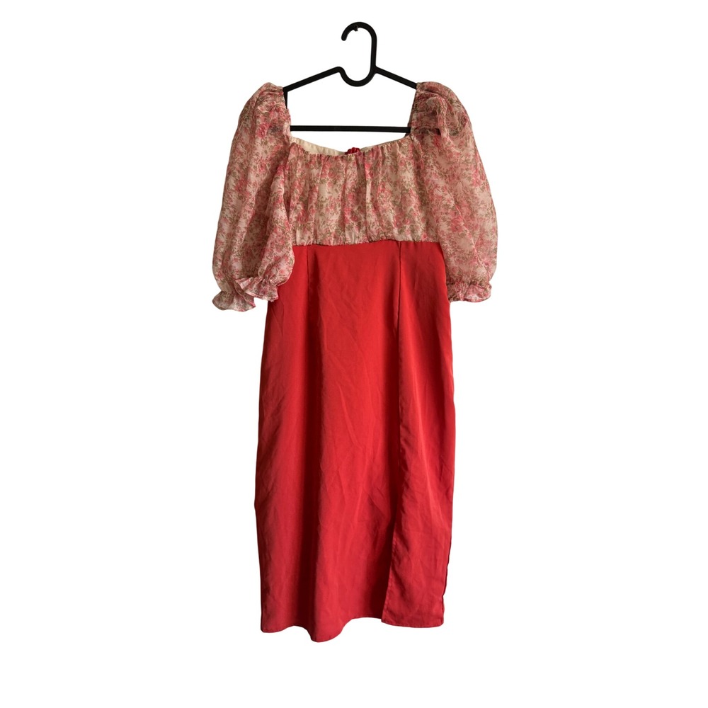 DIMOO STUDIO Floral Puff Sleeve Square Neck Midi Dress Redā Floral Print
